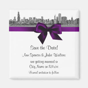 Chicago Skyline geätzt BW Lila Save-the-Date-Karte Magnet