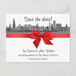 Chicago Skyline geätzt BW Rot Save-the-Date-Karte Ankündigungspostkarte