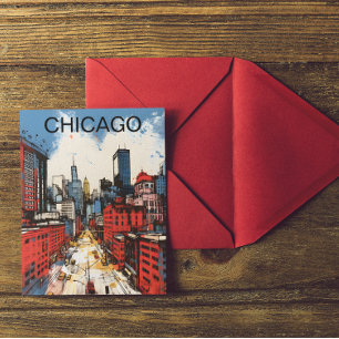 Chicago-Skyline-Gemälde – Städtische Kunst aus der Postkarte