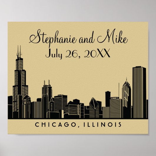 Chicago Skyline Gold Wedding Empfang Poster (Vorne)