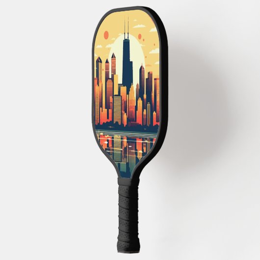 Chicago Skyline Illustration in Orange Pickleball Schläger (Links)