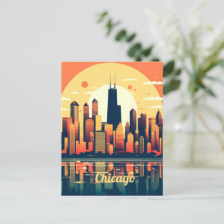 Chicago Skyline Illustration in Orange Postkarte