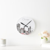 Chicago Skyline modern grey pink design Runde Wanduhr (Zuhause)