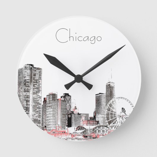Chicago Skyline modern grey pink design Runde Wanduhr (Vorderseite)