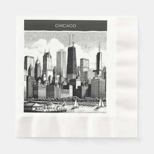 Chicago Skyline Modern Schwarz Weiß Serviette (Vorderseite)