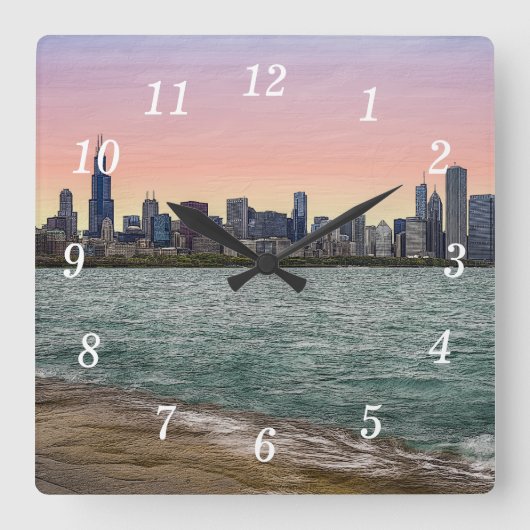 Chicago Skyline Painterly Wall Clock Quadratische Wanduhr (Vorderseite)