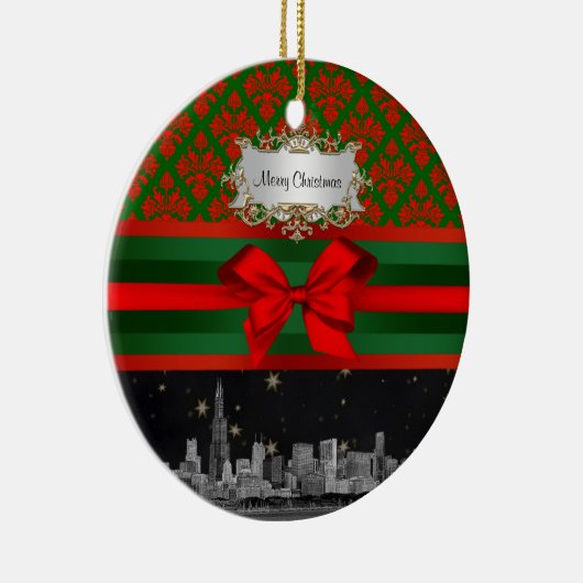 Chicago Skyline Red Green Damask #2 Bow Xmas Keramik Ornament (Rechts)