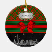 Chicago Skyline Red Green Damask #2 Bow Xmas Keramik Ornament (Vorne)