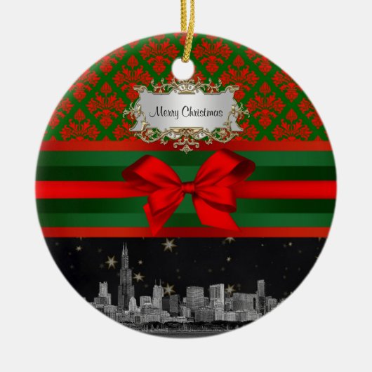 Chicago Skyline Red Green Damask #2 Bow Xmas Keramik Ornament (Vorne)