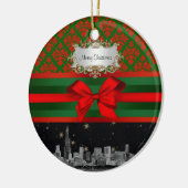 Chicago Skyline Red Green Damask #2 Bow Xmas Keramik Ornament (Links)
