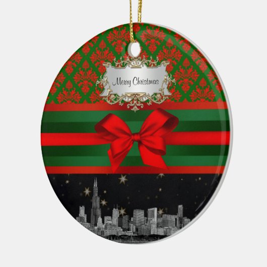 Chicago Skyline Red Green Damask #2 Bow Xmas Keramik Ornament (Links)