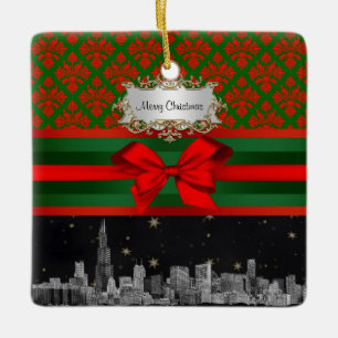 Chicago Skyline Red Green Damask #2 Bow Xmas Keramikornament