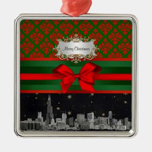 Chicago Skyline Red Green Damask #2 Bow Xmas Ornament Aus Metall (Vorne)