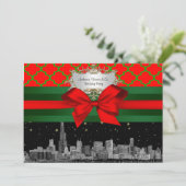 Chicago Skyline, Red Green Quatrefoil Xmas Einladung (Stehend Vorderseite)