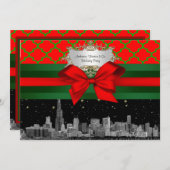 Chicago Skyline, Red Green Quatrefoil Xmas Einladung (Vorne/Hinten)