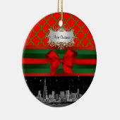 Chicago Skyline, Red Green Quatrefoil Xmas Keramikornament (Rechts)