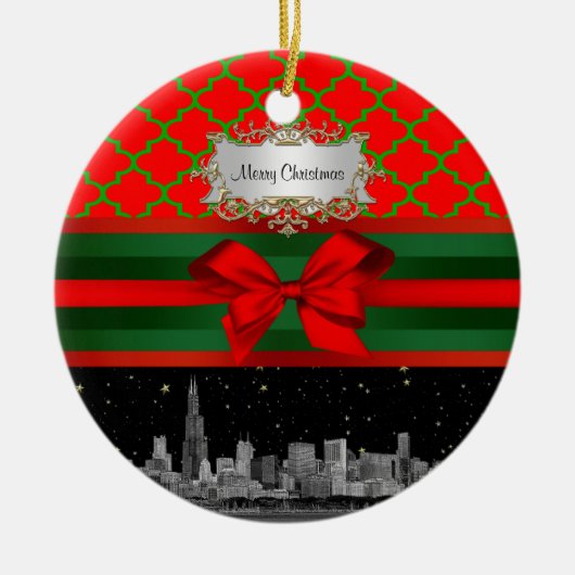 Chicago Skyline, Red Green Quatrefoil Xmas Keramikornament (Vorne)