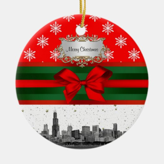 Chicago Skyline Red Snowflake Weihnachten Keramik Ornament (Vorne)