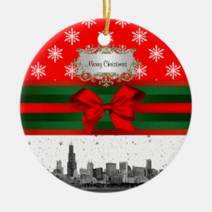 Chicago Skyline Rote Schneeflocke Weihnachten Keramik Ornament