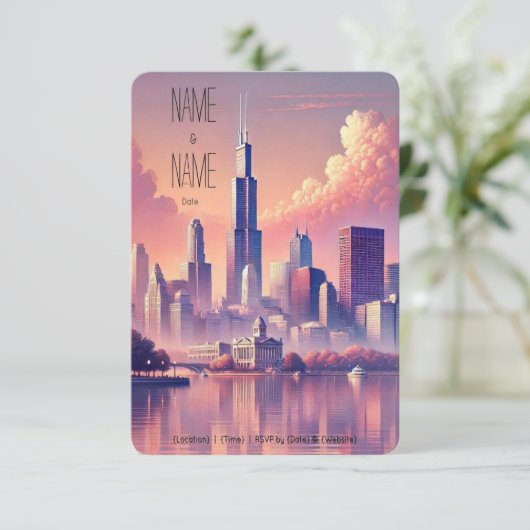 Chicago Skyline RSVP Card Karte (Stehend Vorderseite)