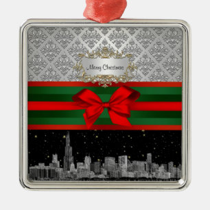 Chicago Skyline Silber Weiß Damast #3 Schleife Wei Silbernes Ornament