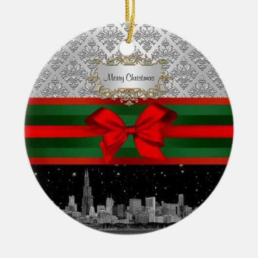 Chicago Skyline Silver White Damask #3 Bow Xmas Keramikornament (Vorne)