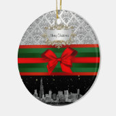 Chicago Skyline Silver White Damask #3 Bow Xmas Keramikornament (Links)
