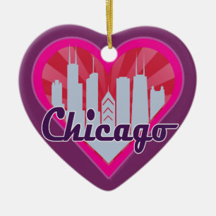Chicago-Skyline-Sonnenstrahl-Herz-Ornament Keramik Ornament