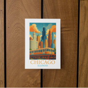 Chicago Skyline Vintage Kunst – Illinois Reise Postkarte