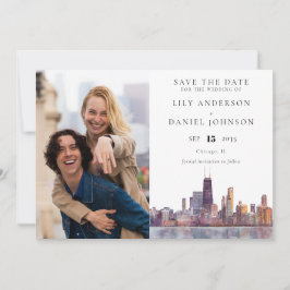 Chicago Skyline Watercolor Photo Wedding Save The Date