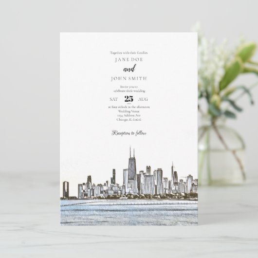 Chicago Skyline Wedding Einladung (Stehend Vorderseite)