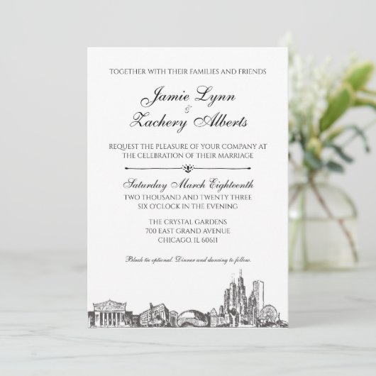Chicago Skyline Wedding Einladung (Stehend Vorderseite)