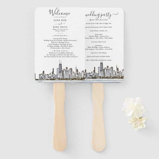 Chicago Skyline Wedding Program Hand Fan Fächer (Vorne und Hinten)