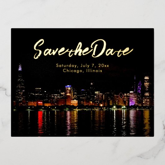 Chicago Skyline Wedding Save the Date Folie Einladungspostkarte (Vorderseite)
