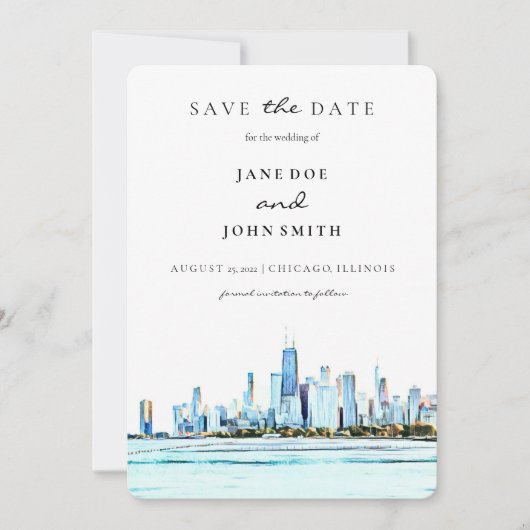 Chicago Skyline Wohnung Save the Date Karte (Vorderseite)