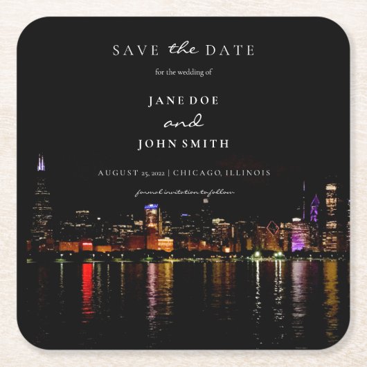 Chicago Skyline Wohnung Save the Date Karte Rechteckiger Pappuntersetzer (Vorderseite)