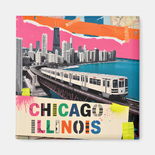 Chicago Skyline Zug Pop Art Collage Retro Reise Magnet