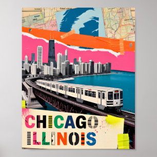 Chicago Skyline Zug Pop Art Collage Retro Reise Poster