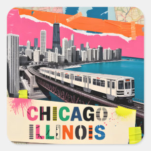Chicago-Skyline-Zug Pop-Art-Collage Retro-Reise Quadratischer Aufkleber