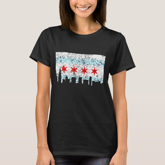 Chicago T Shirt - Vintages Chicago Flag Theme Skyl (Vorderseite)