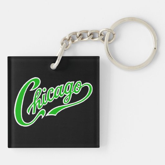 Chicago Text in Green Script BLK Schlüsselanhänger (Rückseite)