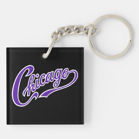 Chicago Text in Lila Script BLK Schlüsselanhänger (Rückseite)