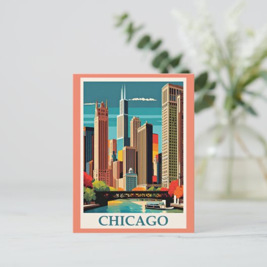 Chicago Vintag Illustration Postkarte (Stehend Vorderseite)