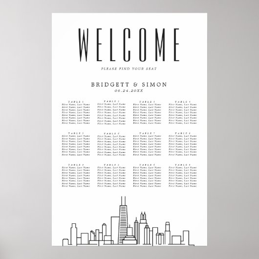 Chicago Wedding | 12 Tabelle Seating Chart Poster (Vorne)