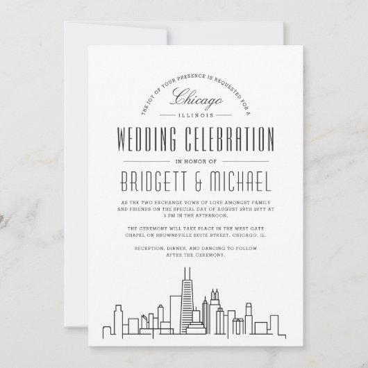 Chicago Wedding | Moderner Deko Skyline Einladung (Vorderseite)