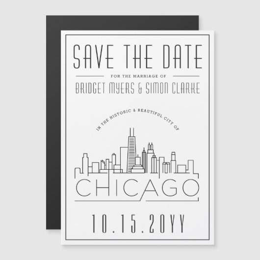 Chicago Wedding | Stilisierte Skyline Save the Dat Magneteinladung (Vorne/Hinten)
