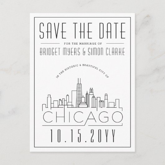 Chicago Wedding | Stilisierte Skyline Save the Dat Postkarte (Vorderseite)