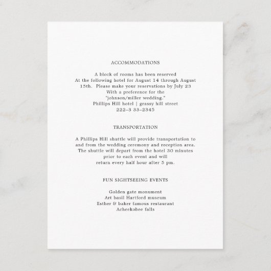 Chicago Wedding Weekend Details Begleitkarte (Rückseite)