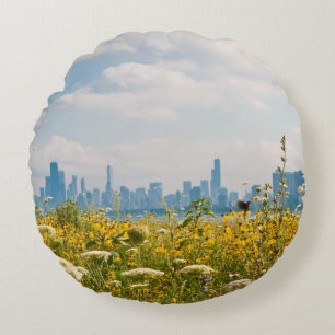 Chicago, wie vom Vogel Montrose Hafens gesehen Rundes Kissen