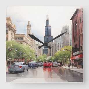 Chicagoer Aquarellkunst Quadratische Wanduhr